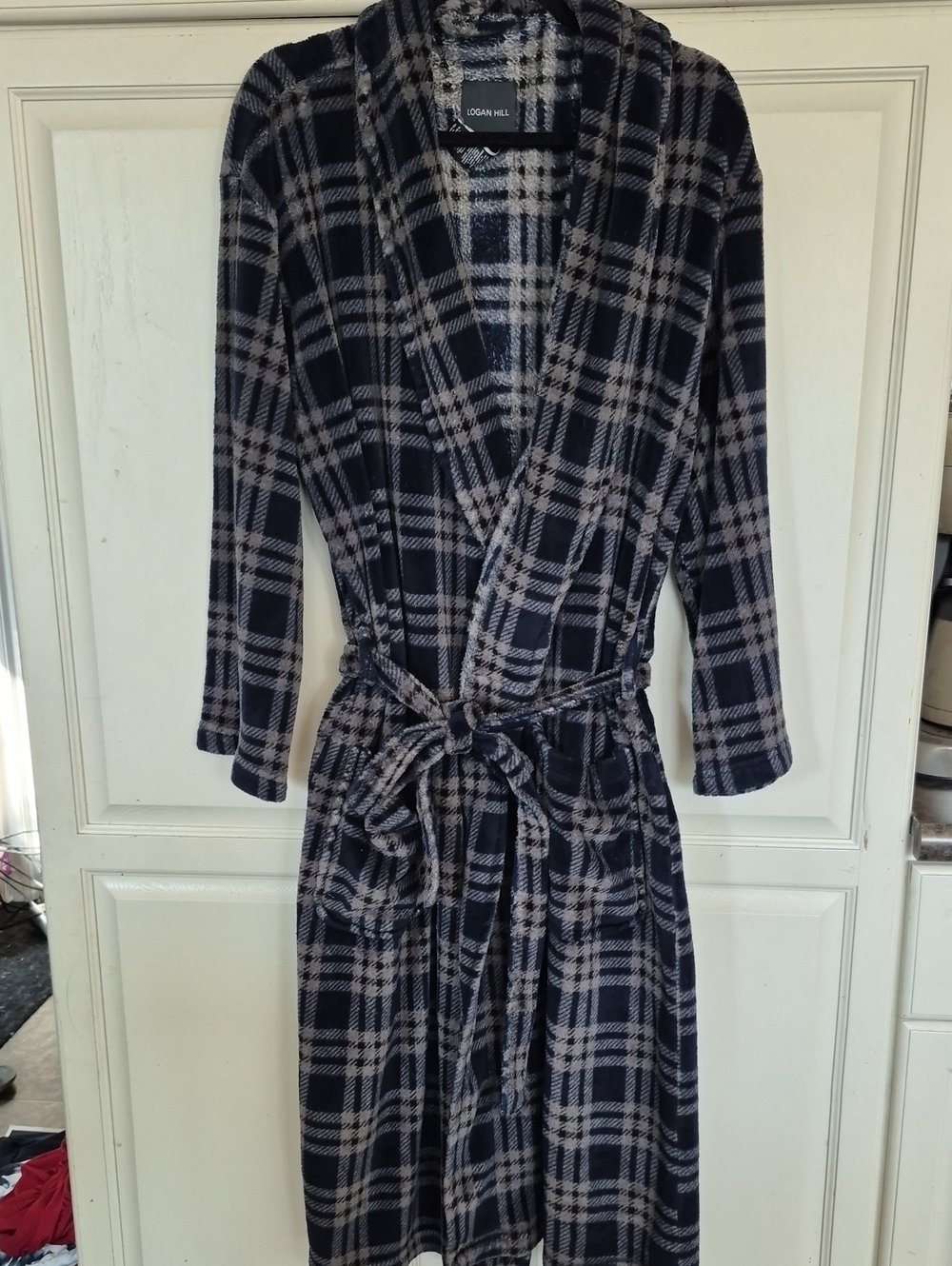 Men's Navy and Light Gray Plaid Fleece Robe